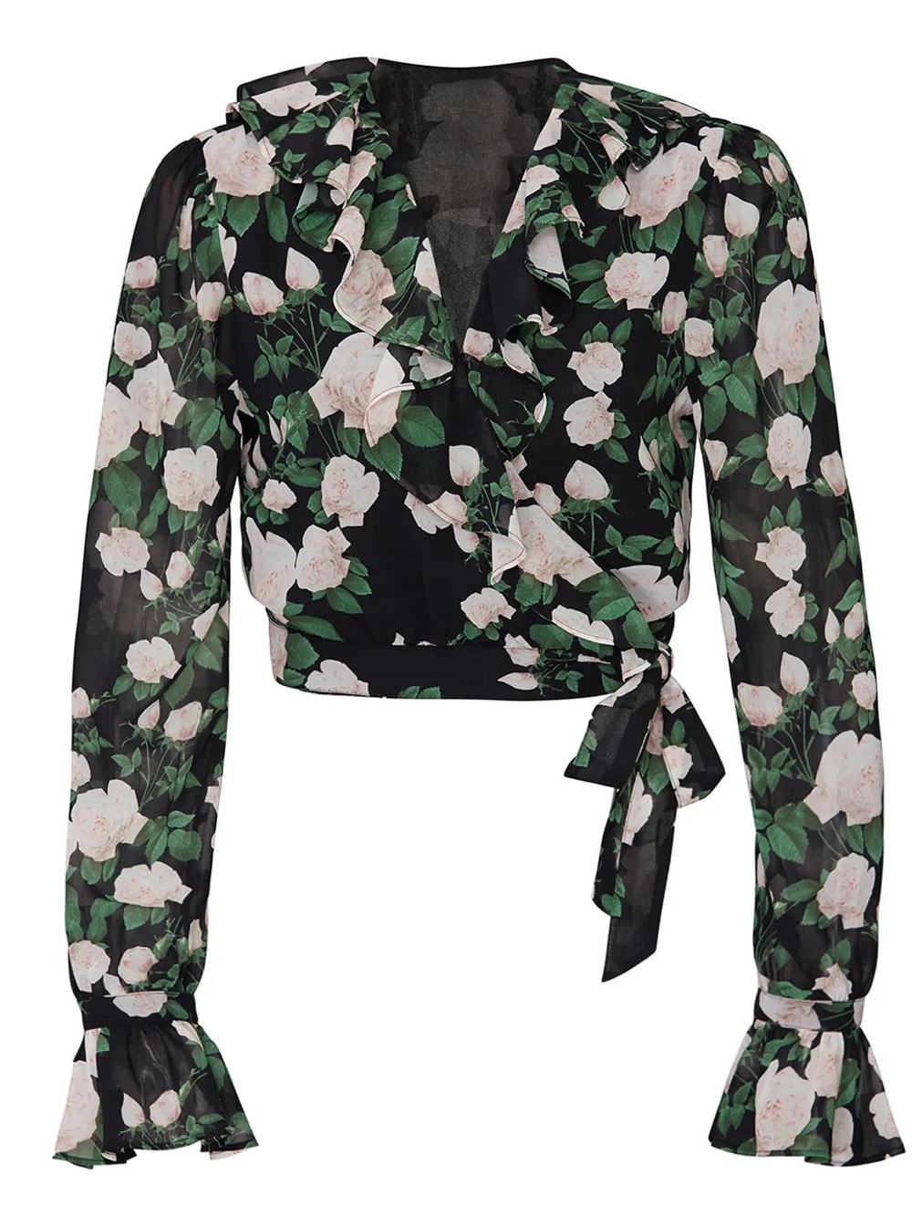 Louna Floral Ruffle Wrap Blouse - Black with Pink and Green Floral XS Like New!